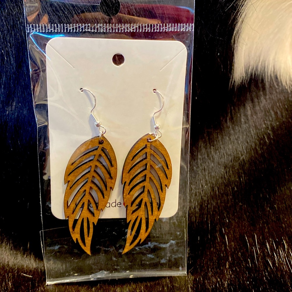 Handmade wood feather earrings